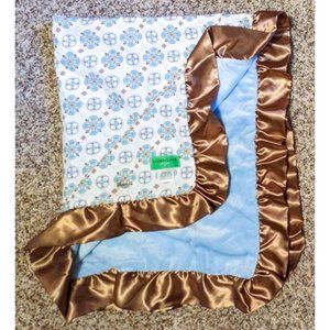 CADEN LANE Style Blue Brown SATIN Ruffle BABY Blanket Cotton Reversable Unused